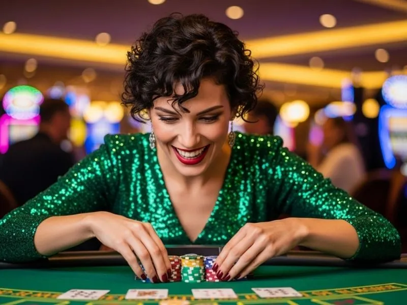 Woman celebrating her poker win at a lively bar in casino with drinks and cheering around her.