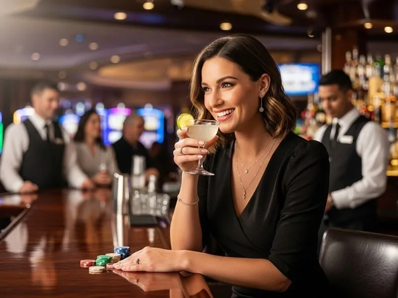 Woman smiling happily at a bar in casino with chips and drink on the table