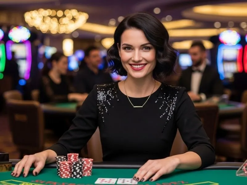 Elegant woman smiling at a casino table after winning at Bay888 Casino in a luxurious gaming environment.
