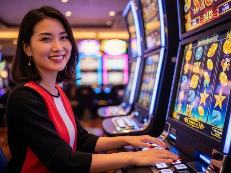 Woman smiling while playing slot machines in a physical casino, enjoying her time at Bay888 Casino.