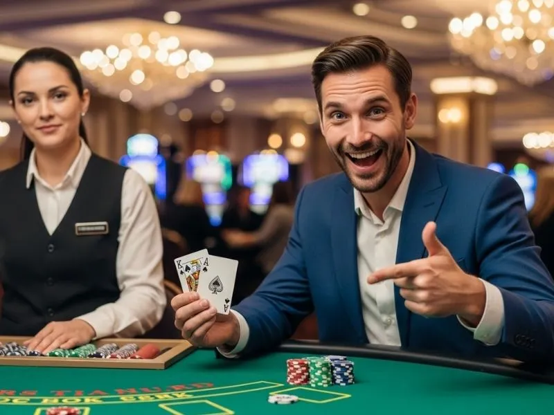 Man cheering after winning at a poker table in a physical casino, celebrating his big win at Bay888 Casino.