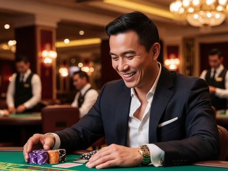 Man happily laughing while playing poker at a physical casino, enjoying the excitement of Bay888 Casino.