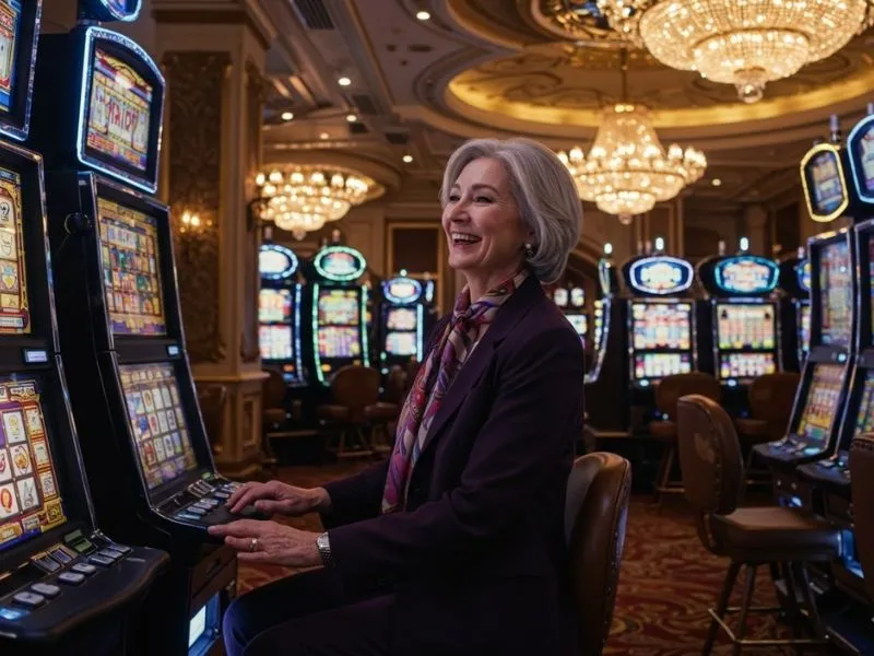 Joyful player smiling while playing slot machines at BetKing online casino