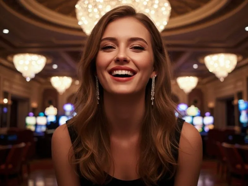 Joyful woman enjoying a lively gaming session at BetKing online casino