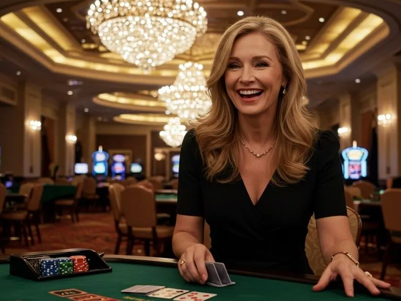 Joyful woman playing poker at betking online casino