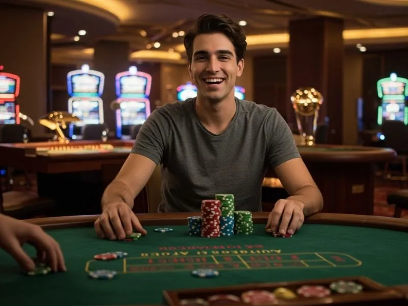 Joyful poker player celebrating a big win after using betso88 casino register