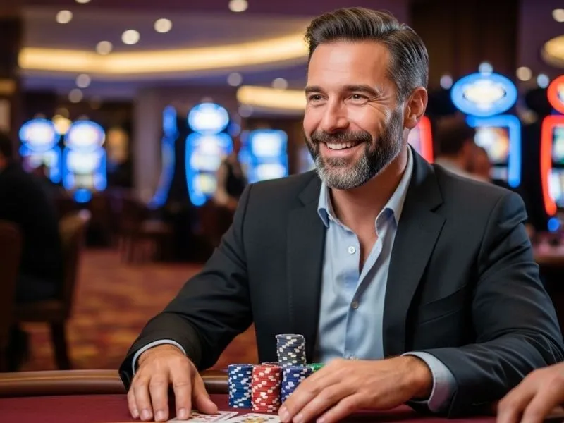 Happy elderly man playing poker at a physical casino table enjoying bicycle casino games