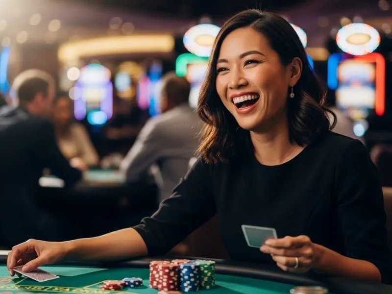Woman laughing and enjoying a poker game at a physical casino, experiencing excitement with bicycle casino games.