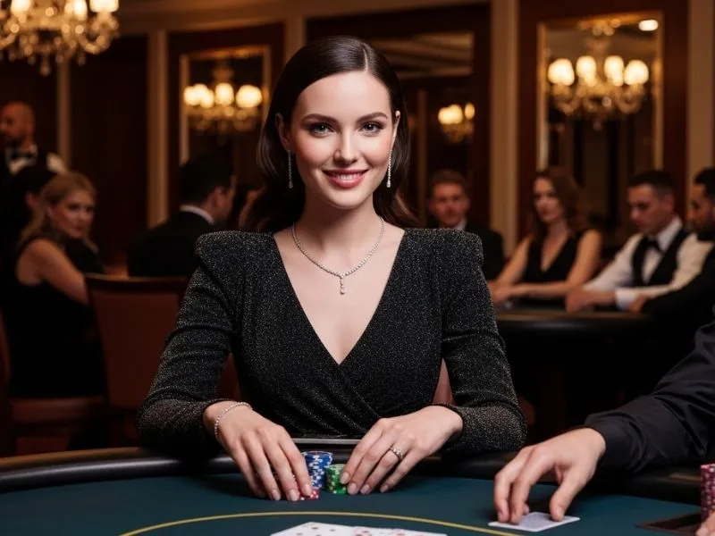 Woman smiling with chips on a poker table at a physical casino, enjoying bicycle casino games.