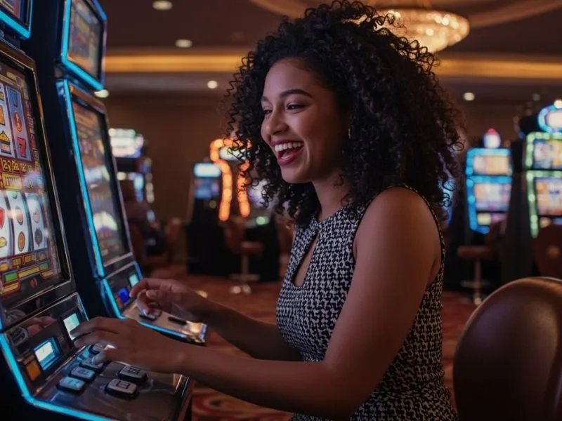 Happy woman playing slot machines at bl777 online casino