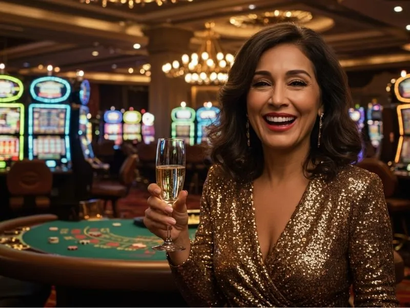 Smiling woman enjoying drinks while playing at bl777 online casino