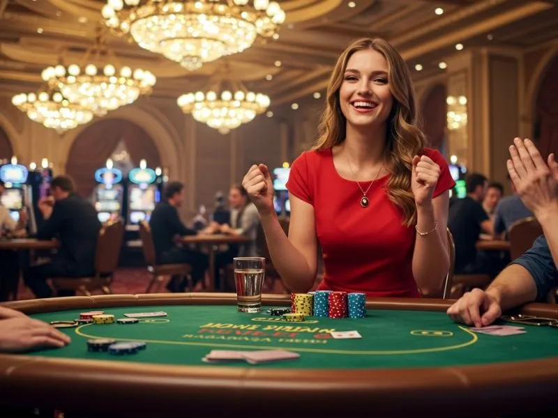 Smiling woman holding casino chips while playing at BL777 online casino