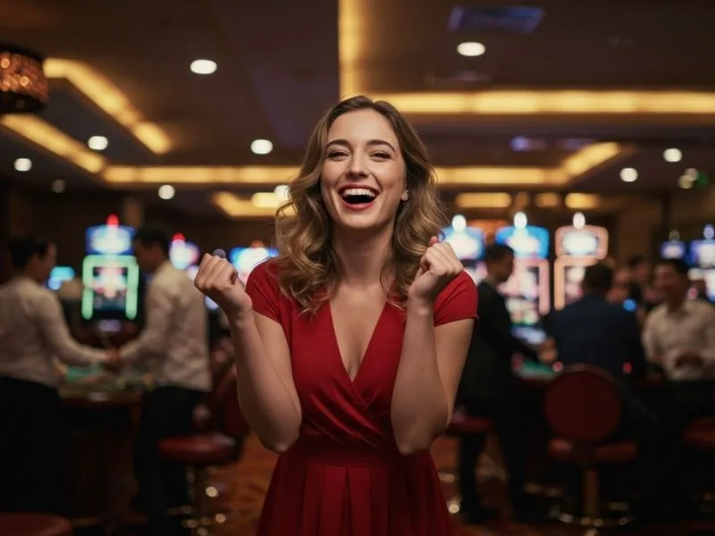 Excited casino night guest cheering while playing after bmy12 online casino login