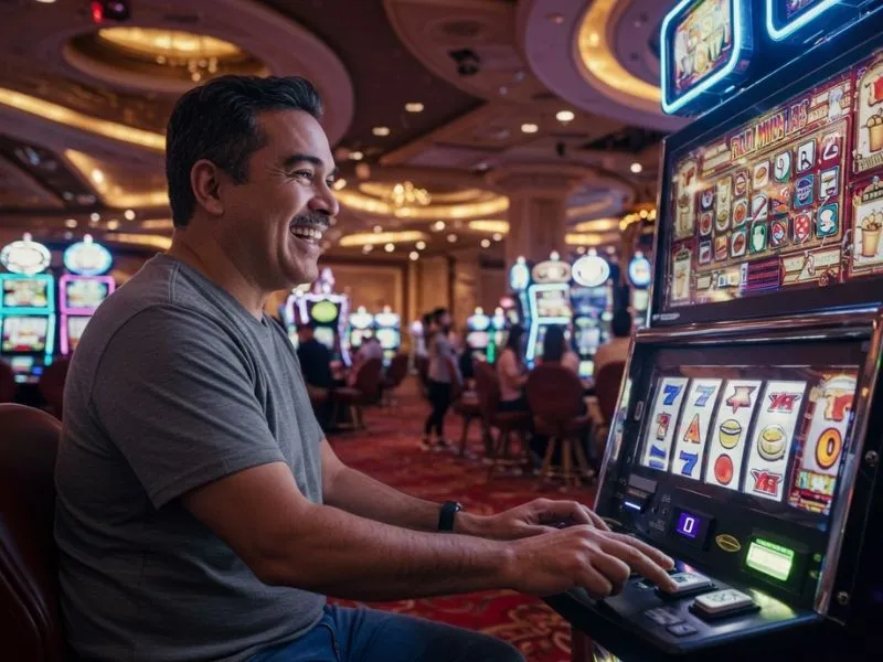 Happy man pressing a slot machine button after logging in at bmy12 online casino login