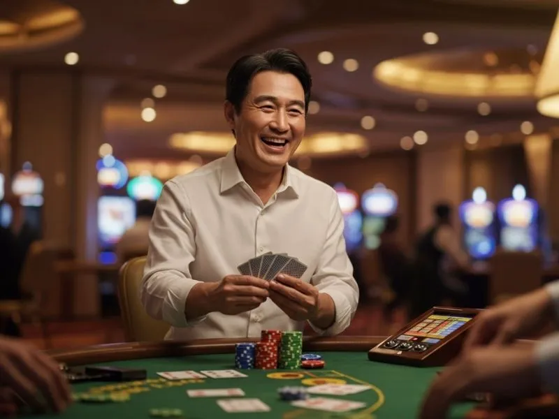 Joyful player holding poker cards after accessing bmy12 online casino login