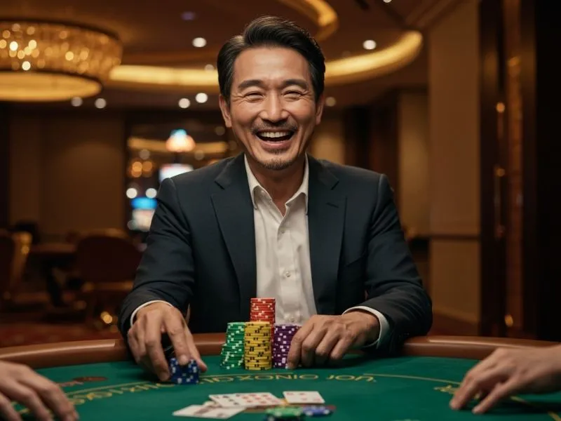 Poker player grinning after winning a round on bmy12 online casino login platform