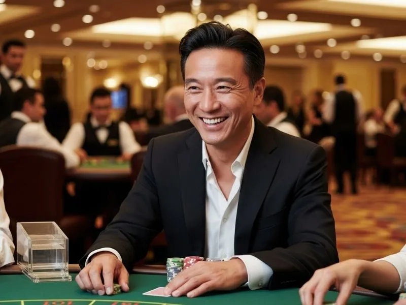 Man laughing and placing bets at a poker table in a lively casino bar