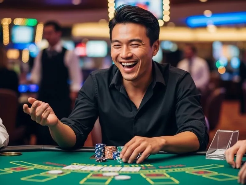 Man smiling and laughing while enjoying a game at a casino bar table