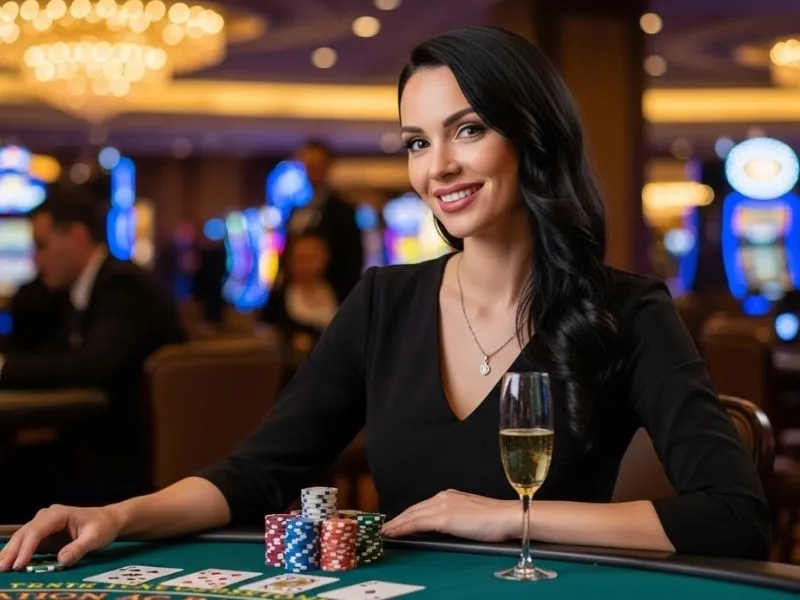 Woman smiling while placing a bet at a casino bar table in a lively casino environment.