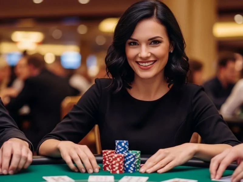 Woman smiling while playing casino games at a lively casino bar
