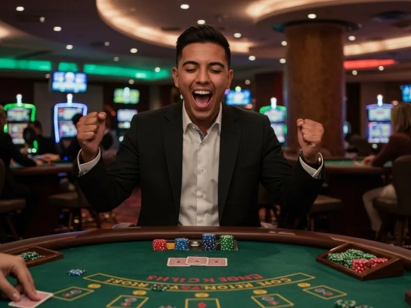 Joyful poker player celebrating victory at the table with casino chips value Philippines on display
