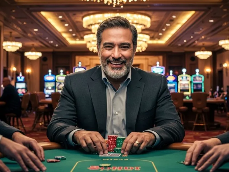 Man smiling proudly with a stack of chips, highlighting casino chips value Philippines