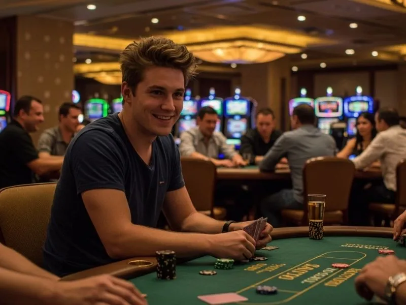Smiling man sitting at a poker table with casino chips value Philippines in focus