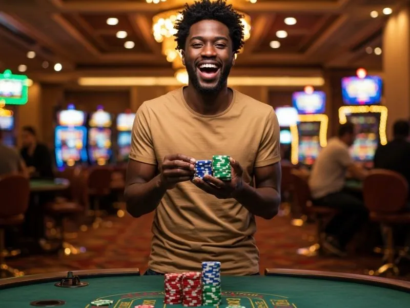 Happy man holding casino chips representing casino dealer hiring opportunities