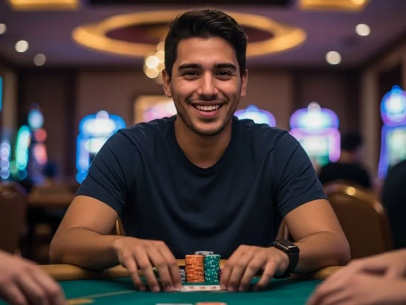 Happy man with a big stack of poker chips representing success in casino dealer hiring