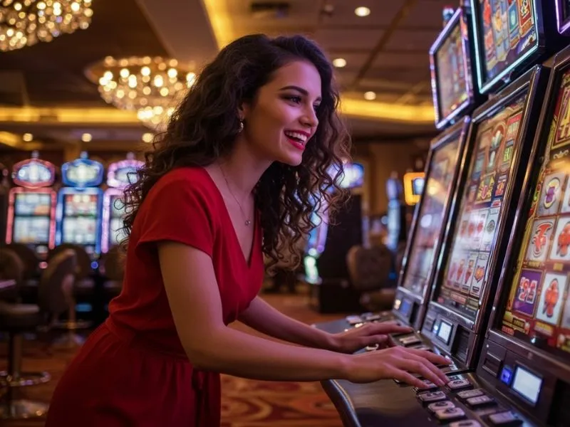 Happy player winning at a slot machine during casino dealer hiring event