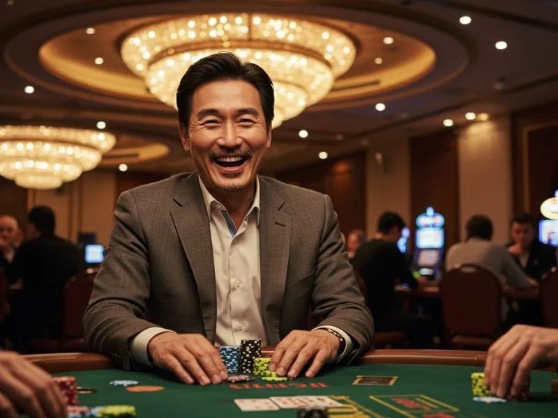 Poker player grinning with chips at a table, highlighting casino dealer hiring opportunities