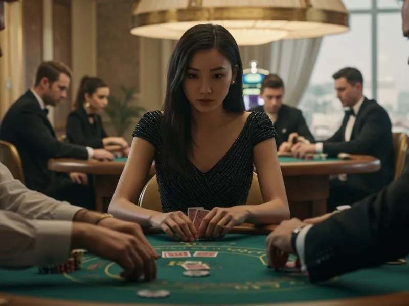 Focused woman poker player highlighting casino dealer salary Philippines opportunities