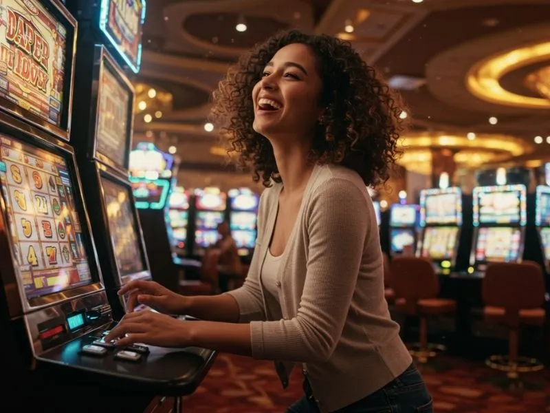 Smiling player enjoying slot machines while exploring casino dealer salary Philippines insights