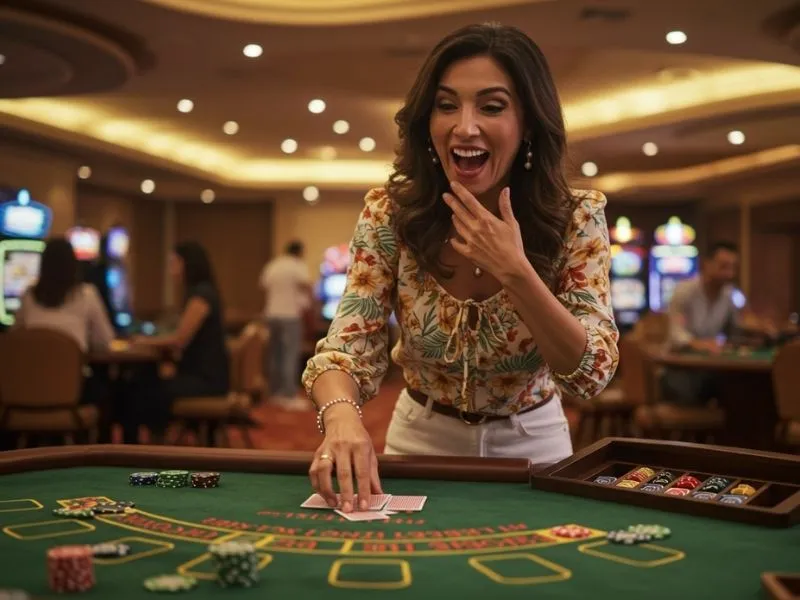 Smiling woman placing a poker bet while learning about casino dealer salary Philippines