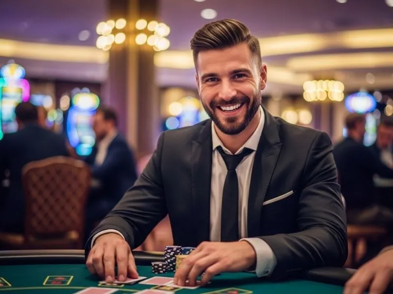 A woman smiling happily while enjoying a game at a physical casino table, representing a fun casino femme experience.