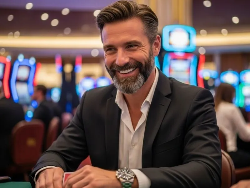 Elderly man and woman enjoying table games together at a physical casino, smiling and celebrating a win at Casino Femme.