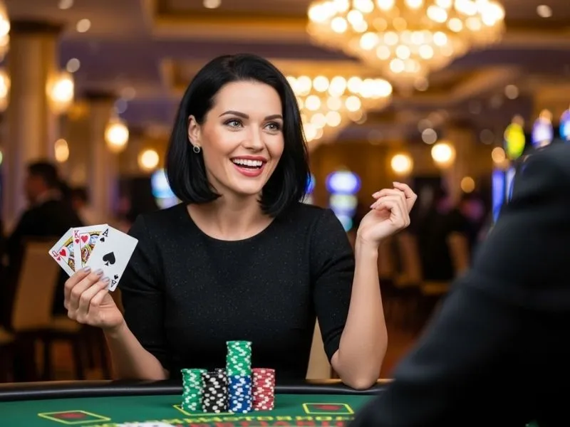 Casino femme smiling while holding playing cards at a casino table, enjoying the thrill of a physical casino game.