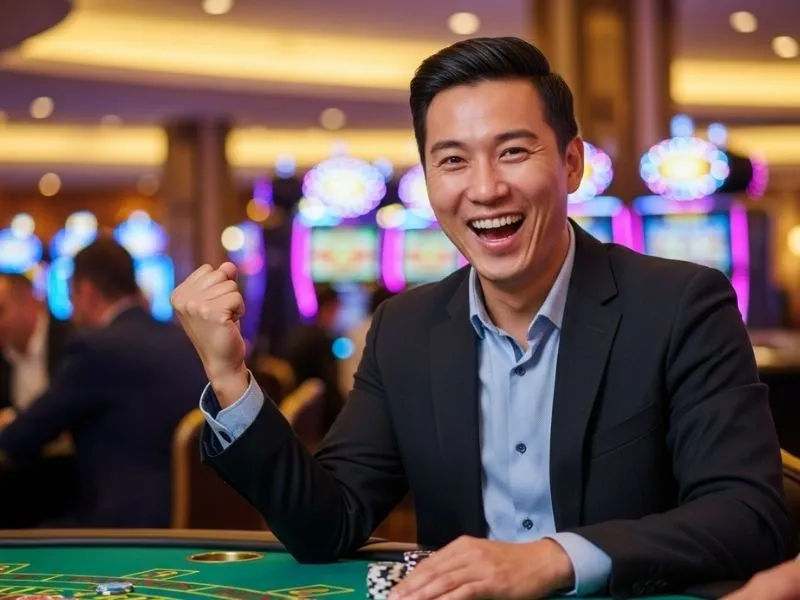 Young man happily enjoying a table game at a physical casino femme, celebrating a win with excitement.
