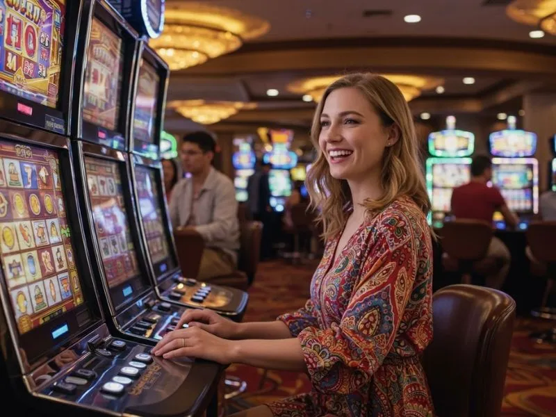 Smiling casino guest playing slot machines at a lively casino in Quezon City Philippines