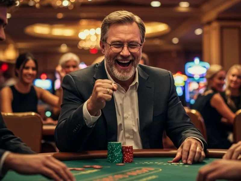 Excited man laughing after a big win at a casino in Quezon City Philippines