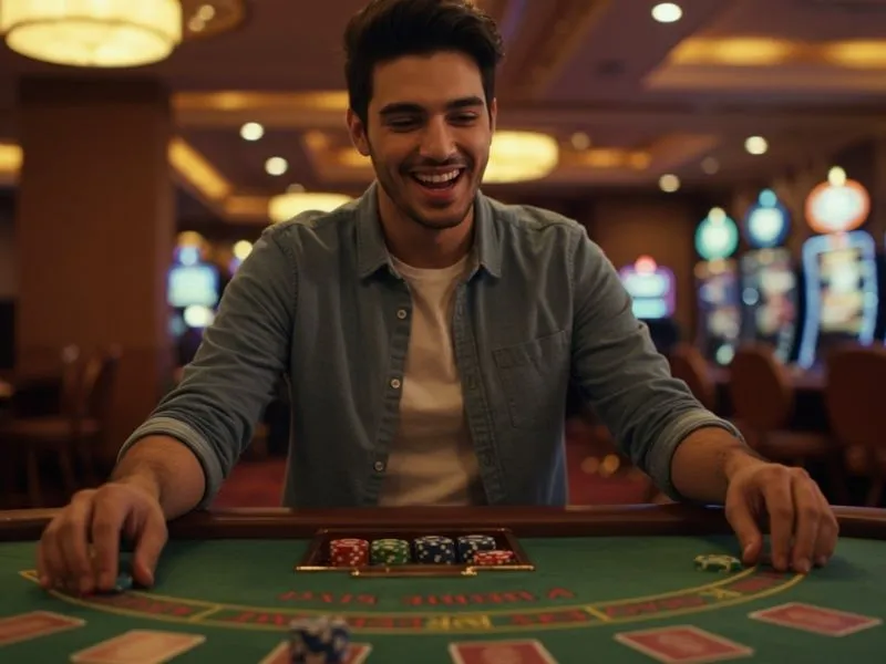 Happy man celebrating a poker win inside a lively casino in Quezon City Philippines