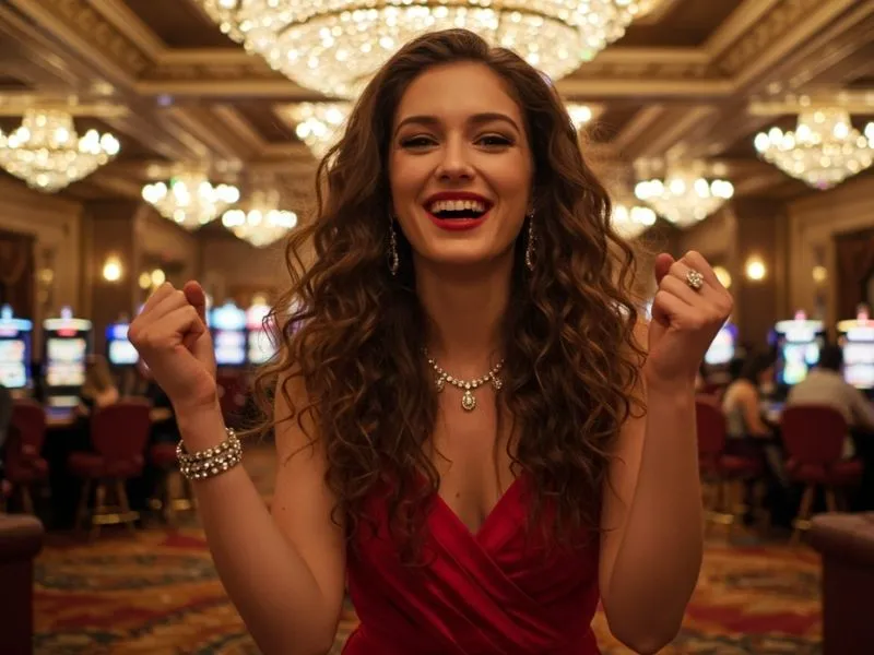 Smiling woman representing a casino junket operator Philippines with a lively casino background