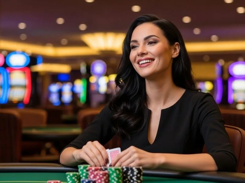 Smiling woman enjoying a baccarat night at a luxurious casino in Mauritius, surrounded by elegant décor and gaming tables.