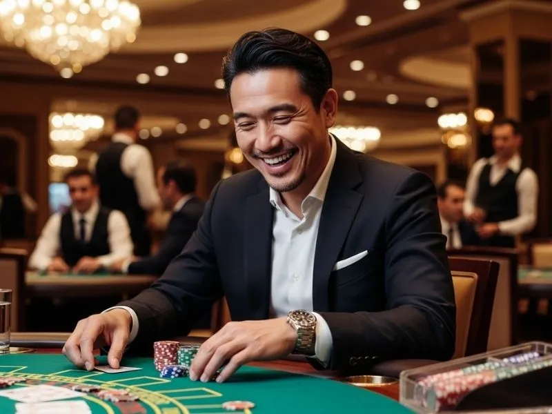 Man laughing joyfully at a casino table after a big win in Casino Mauritius.
