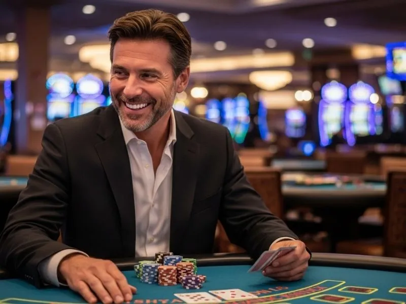 Man smiling and holding playing cards at a casino table inside a casino in Mauritius.