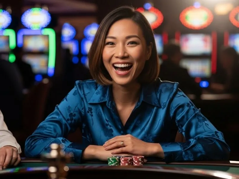Woman smiling happily after winning at roulette in a physical casino Mauritius.