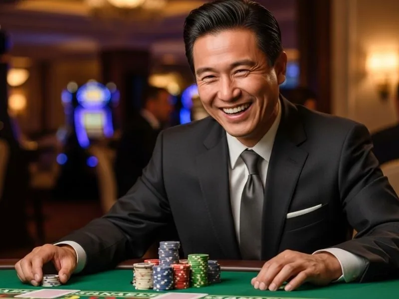 A man laughing while playing table games in a lively casino environment, capturing the thrill and excitement similar to the Persona 5 casino dice game atmosphere.
