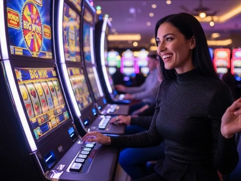 A woman happily enjoying slot machines in a lively casino, capturing the excitement and atmosphere of real-life gaming similar to the Persona 5 casino dice game experience.