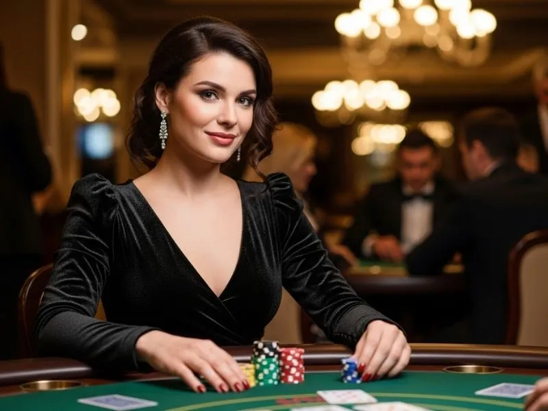 Woman smiling while placing chips on a casino table playing the Persona 5 Casino Dice Game in a lively casino environment.
