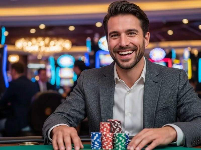 A young man smiling with a stack of casino chips on a gaming table at a physical casino, representing the excitement of the Persona 5 casino dice game experience.